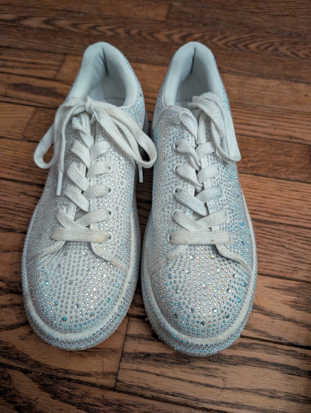 Women's White Crystal-Embellished Lace-Up Sneakers